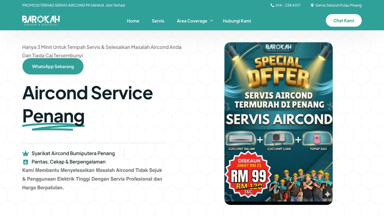 Barokah Aircond website desktop view
